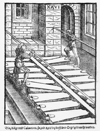 Urkupalkeet ja -puhaltimet Halberstadtin katedraalissa, Praetorius Syntagma Musicumista, pubista. vuonna 1619 tekijältä German School