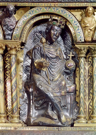 Otto II (955-83), Pyhän Rooman keisari, yksityiskohta keisari Kaarle Suuren pyhäköstä (742-814), 1215 (kulta- ja champleve-emali) tekijältä German School