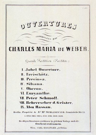 Sivu, jossa esitellään Carl Maria von Weberin (litho) alkusoittoja eri oopperoista tekijältä German School