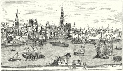 Panorama Antwerpenistä 1500-luvun alussa (kaiverrus) tekijältä German School