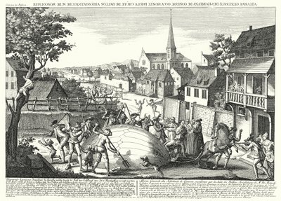 Talonpojat hyökkäämässä Jacques Charlesin ja Robert Brothersin ilmapalloa vastaan sen putoamisen jälkeen Gonessessa, 27. elokuuta 1783 (kaiverrus) tekijältä German School