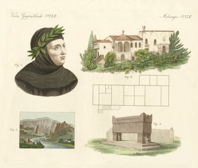 Petrarca, Hänen asuntonsa Arquassa, Hänen hautansa ja näkymä Vaucluseen (värillinen kaiverrus) tekijältä German School