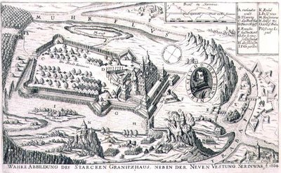 Suunnitelma graniitista linnoituksesta lähellä New Serinwaria vuonna 1664, kuvitus kirjasta ottomaanien kampanjoista Euroopassa, kaiverrettu Paul Furst (n. 1605-66) (kaiverrus) tekijältä German School