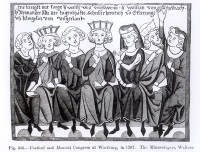 Runollinen ja musiikillinen kongressi, Wartburg, 1207, kuvitus tieteestä ja kirjallisuudesta keskiajalla ja renessanssilla, kirjoittanut ja kaivertanut Paul Lacroix, 1878 tekijältä German School