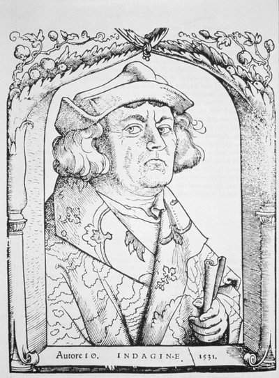 John of Indaginen muotokuva Hans Baldung Grienin mukaan, Ioannes ab Indaginen Chiromantiasta, Strasburg 1531, kuvitettu History of Magicissa, julkaistu 1800-luvun lopulla tekijältä German School