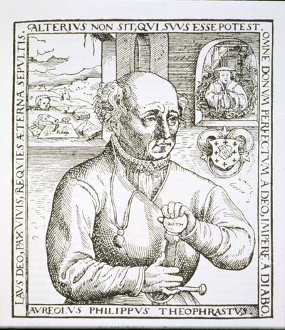 Theophrastus Paracelsuksen (1493-1541) muotokuva, kopio hänen kirjansa Astronomica et Astrologica Pouscula, Köln 1567 kuvituksesta, käytetty taikuuden historiassa, julkaistu 1800-luvun lopulla (woodc tekijältä German School