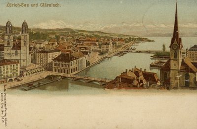 Postikortti, joka esittää yleiskuvaa Zürichin kaupungista tekijältä German School