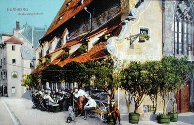 Postikortti, joka kuvaa Bratwurstglocklein-ravintolaa Nürnbergissä, ennen vuotta 1914 (värillinen kuva) tekijältä German School
