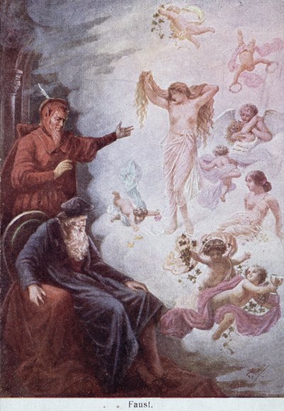 Postikortti, joka kuvaa Mefistofeleen Faustin kiusausta, n. 1905 tekijältä German School
