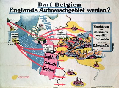 Juliste, joka ilmaisee Saksan huolen Belgian ja Englannin yhdistävän kanaalin tunnelin rakentamisesta, n. 1914–1918 tekijältä German School