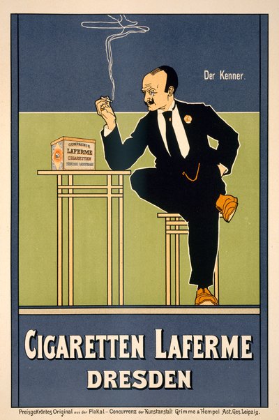 Laferme Cigarettes -juliste, kustantaja Grimme  Hempel, Leipzig (värilitografia). tekijältä German School