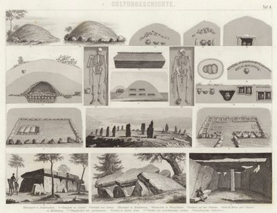 Esihistorialliset hautakammiot. Kuva Bilder-Atlasista (kaiverrus) tekijältä German School
