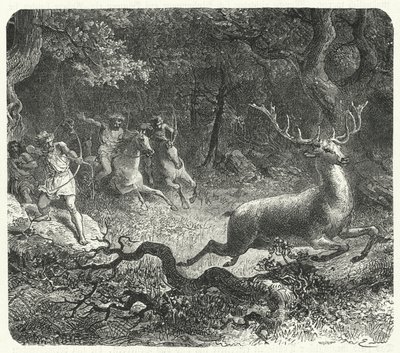 Esihistorialliset miehet metsästämässä hevosia (kaiverrus) tekijältä German School