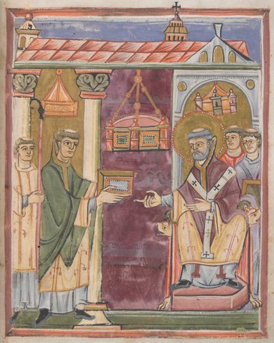 Sacerdote apresentando um livro [a Santo Agostinho?] finlandês tekijältä German School