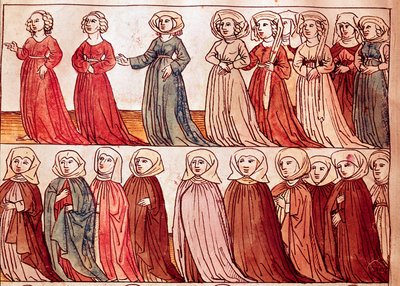 Bohemen naisten kulkue. Miniatyyri Ulrich Richentalin (1360-1437) "Konstanz kirkolliskokouksen kronikoista" 1438 suunnilleen Praha, kansalliskirjasto tekijältä German School