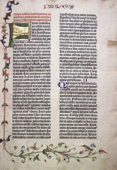 Prologifolio kultaisella ja vihreällä kirjaimella "F" ja reunuksella lehtiä, kukkia, viiniköynnöksiä ja lintua, 1455 tekijältä German School