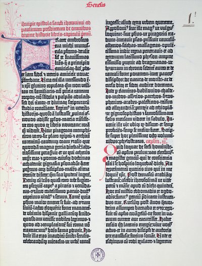Gutenbergin Raamatun prologi, painettu Johannes Gutenberg (n. 1400-1468) ja Peter Schoeffer (1425-1502) Mainzissa, 1454-56 (painettu paperi) tekijältä German School