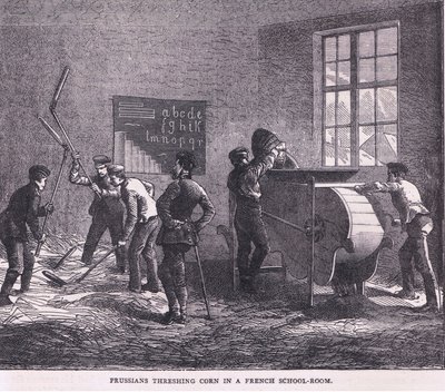 Preussilaiset puimassa maissia ranskalaisessa kouluhuoneessa, Cassells History of the War of the France ja Saksa julkaisija Cassell and Company Limited, n. 1890 (litho) tekijältä German School