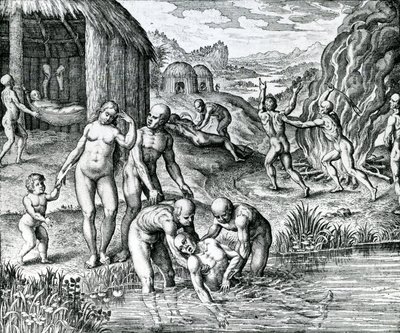 Quibus remediis contra morbos utantur Indiani, kuvitus Hieronymous Gallerin julkaisemasta "Pars Decima Americae" -teoksesta. tekijältä German School