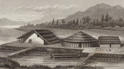 Vanhan järvikylän jälleenrakennus. Kuva Bilder-Atlasista (kaiverrus) tekijältä German School