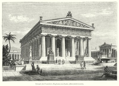 Muinaisen kreikkalaisen Poseidonin temppelin jälleenrakennus, Paestum, Italia (litho) tekijältä German School