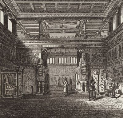Assyrian kuninkaan salin jälleenrakennus. Kuva Bilder-Atlasista (kaiverrus) tekijältä German School