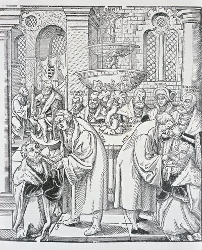 Uskonpuhdistajat Martin Luther ja Jan Hus jakavat ehtoollisen (kaiverrus) tekijältä German School