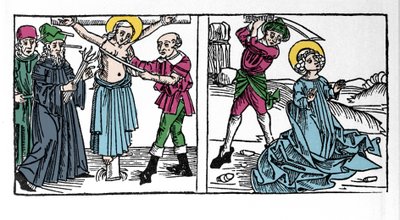 Kuvaus 2. vuosisadan kristityn Pyhän Serafian (Serapia) marttyyrikuolemasta (Seraphia of Syria). Kaiverrus "Leben der Heiligen - sommerteil" (pyhimysten kirja), jonka on kirjoittanut Jacobus (James) Voragine (1228-1298). Lyypekki 1488. tekijältä German School
