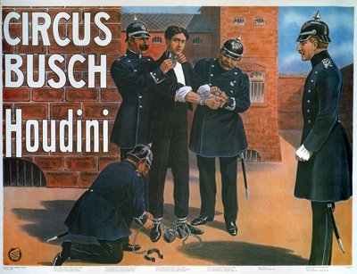 Jäljennös julisteesta vuodelta 1907, jossa Houdini ennen pakenemista saksalaisesta vankilasta tekijältä German School