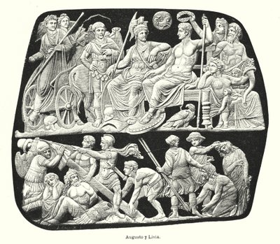 Rooman keisari Augustus ja hänen kolmas vaimonsa Livia (litho) tekijältä German School
