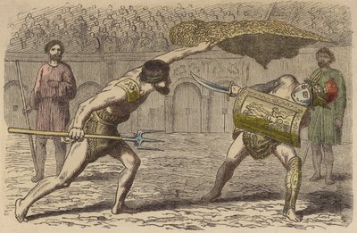 Roomalaiset gladiaattorit: retiarius taistelee samniittia vastaan (värillinen kaiverrus) tekijältä German School