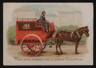 Royal Mail pakettiauto, joulutervehdyskortti, 1800-luvun loppu tai 1900-luvun alku (chromolitho) tekijältä German School