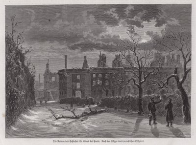 Pariisin Chateau de Saint-Cloudin rauniot, jotka tuhoutuivat Preussin pommituksissa vuonna 1870 Ranskan ja Preussin sodan aikana (kaiverrus) tekijältä German School