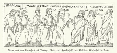 Kohtaus Eunuchuksesta (The Eunuch), roomalaisen näytelmäkirjailijan Terencen komediasta (litho) tekijältä German School