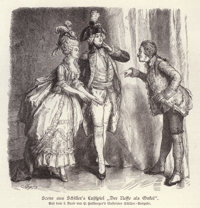 Kohtaus Friedrich Schillerin komediasta Der Neffe als Onkel (Senpoika setänä) (kaiverrus) tekijältä German School