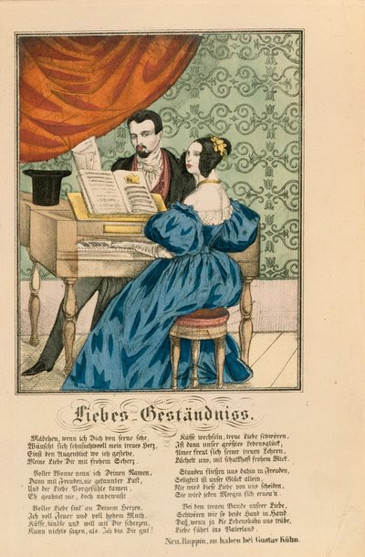 Kohtaus pariskuntaa pianon ääressä, jonka alle on kirjoitettu rakkausruno, Neuruppiner Bilderbogen, 1850 tekijältä German School