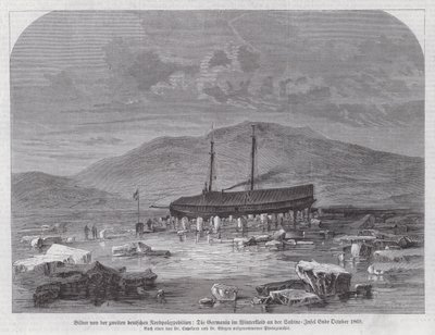 Kuunari Germania Sabinen saarella Grönlannin itärannikolla, Saksan toinen pohjoisnaparetkikunta, lokakuun lopussa 1869 (kaiverrus) tekijältä German School