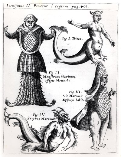 Merihirviöt, kuvitus Physica Curiosasta, kirjoittanut Gaspar Schott S.J. (1608-66), julkaistu Würzburg 1662 tekijältä German School