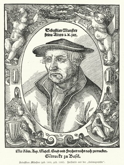 Sebastian Muenster, saksalainen kartografi, kosmografi ja kirjailija Cosmographia, aikaisin teos, joka kuvaa maailmaa saksaksi (kaiverrus) tekijältä German School