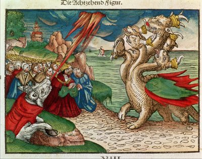 Seitsemänpäinen käärme Ilmestyskirjasta, Lutherin Raamatusta, n. 1530 (värillinen puupiirros) tekijältä German School