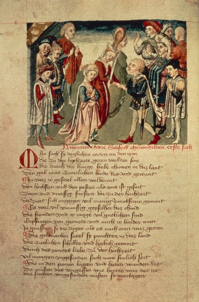 Siegfried näkee Kreimhildin ensimmäistä kertaa "Hundeshagen Nibelungen Codexista" (vellum) tekijältä German School