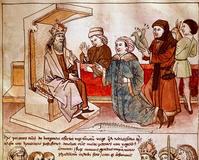Pyhän valtakunnan keisari Sigismund I Luxemburg (1368-1437) vastaanottaa alistuvien kansojen kunnianosoituksen. Miniatyyri Ulrich Richentalin (1360-1437) "Konstanz kirkolliskokouksen kronikoista" 1438 suunnilleen Praha, kansalliskirjasto tekijältä German School