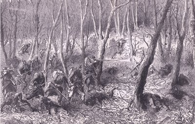 Kahakka metsässä Pariisin ulkopuolella, Cassells, Ranskan ja Saksan välisen sodan historia, julkaisija Cassell and Company Limited, n. 1890 (litho) tekijältä German School