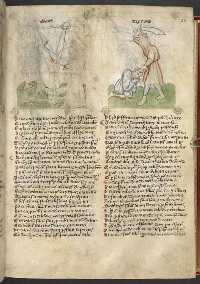 Sloane 361, f.26 Jesajan marttyyrikuolema; Kuningas Moab uhraa poikansa Speculum Humanae Salvationista (muste ja väri vellum) tekijältä German School