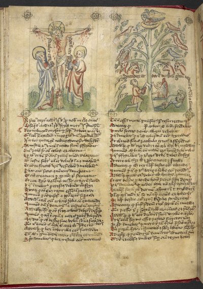 Sloane 361, f.26v Nebukadnessar näkee puun unessa; Crucifixion, "Speculum Humanae Salvation" (muste ja väri vellum) tekijältä German School