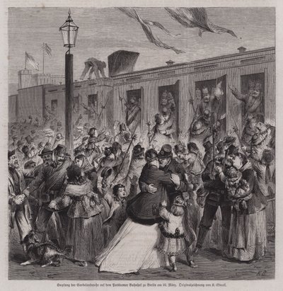Preussian Garde Landwehrin sotilaat toivotettiin tervetulleeksi Potsdamin asemalle Berliinissä, kun he palasivat Ranskan ja Preussin sodasta, 22. maaliskuuta 1871 (kaiverrus) tekijältä German School