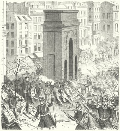 Sotilaita Pariisin kaduilla Ranskan vallankaappauksen aikana joulukuussa 1851 (kaiverrus) tekijältä German School