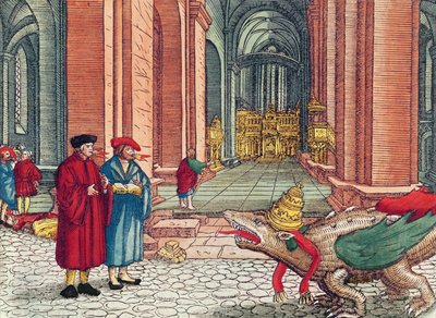 Kielillä puhuminen, helluntai, Lutherin Raamatusta, n. 1530 (värillinen puupiirros) tekijältä German School
