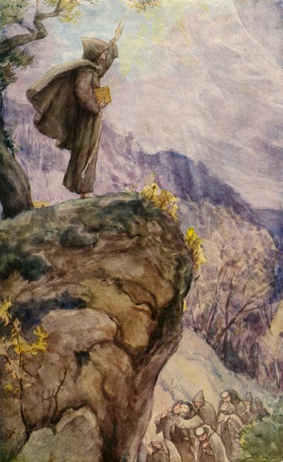 Pyhä Fransiskus julistaa fransiskaaniveljeskunnan toisen säännön Fonte Colombossa (värilitografia). tekijältä German School