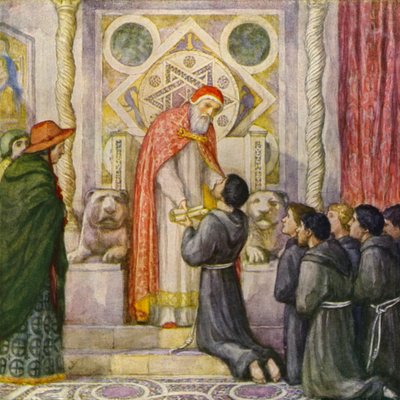 Paavi Innocentus III vastaanottaa Pyhän Franciscuksen (värilitografia) tekijältä German School